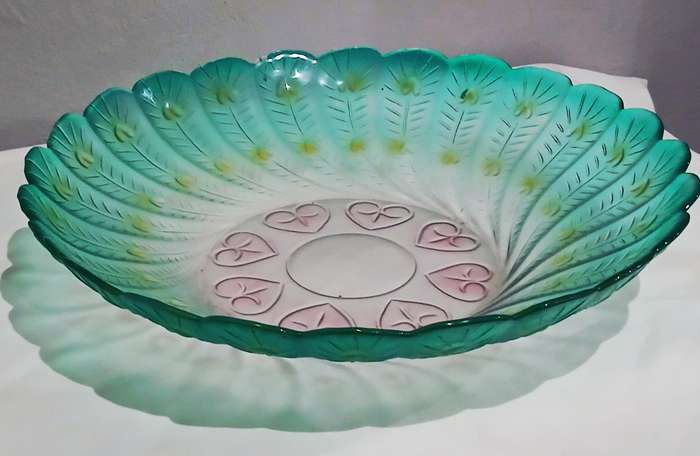 Vintage Pressed Glass Peacock Feather Bowl | Green, Yellow & Pink | Unmarked Decorative Centrepiece