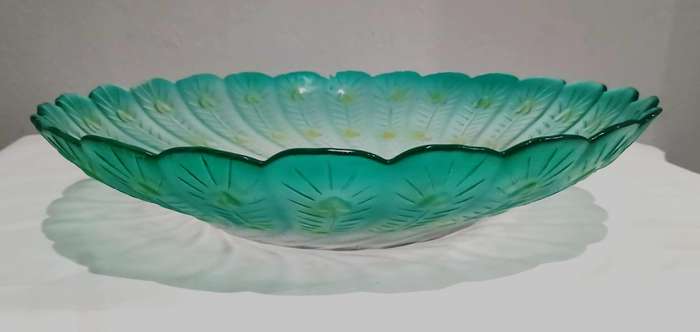 Vintage Pressed Glass Peacock Feather Bowl | Green, Yellow & Pink | Unmarked Decorative Centrepiece