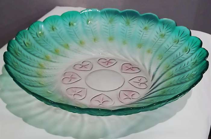 Vintage Pressed Glass Peacock Feather Bowl | Green, Yellow & Pink | Unmarked Decorative Centrepiece