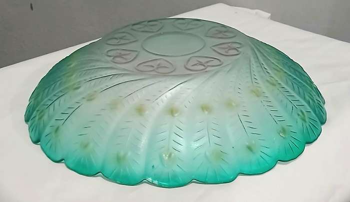 Vintage Pressed Glass Peacock Feather Bowl | Green, Yellow & Pink | Unmarked Decorative Centrepiece