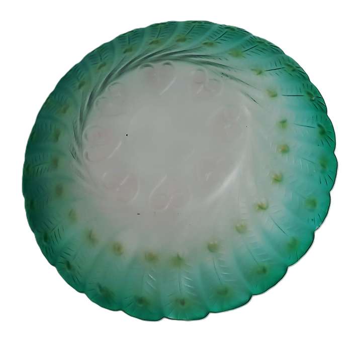 Vintage Pressed Glass Peacock Feather Bowl | Green, Yellow & Pink | Unmarked Decorative Centrepiece