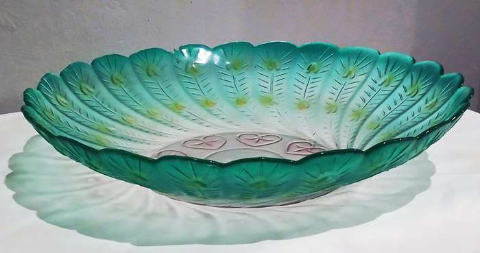 Vintage Pressed Glass Peacock Feather Bowl | Green, Yellow & Pink | Unmarked Decorative Centrepiece