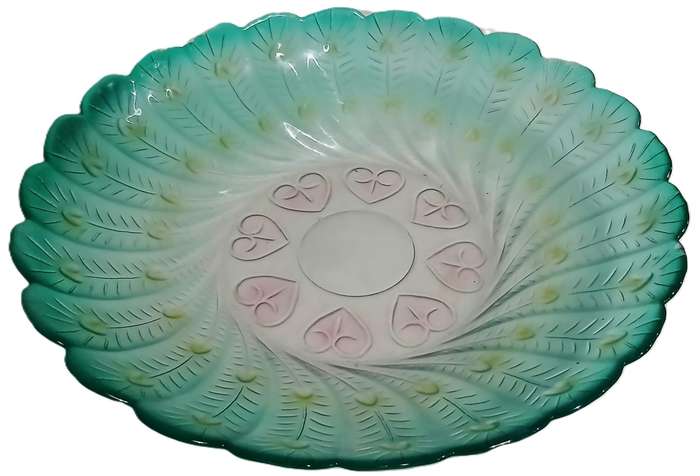 Vintage Pressed Glass Peacock Feather Bowl | Green, Yellow & Pink | Unmarked Decorative Centrepiece