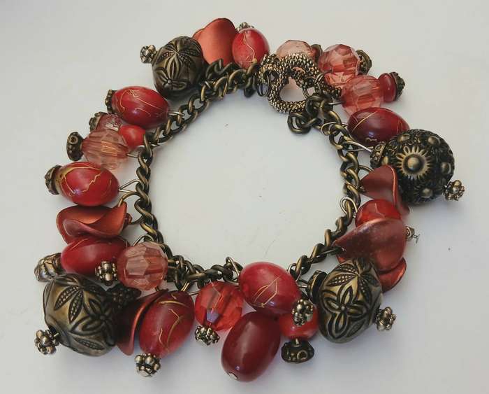 Vintage Red & Antiqued Brass Chunky Bracelet | Beaded Statement Charm Design