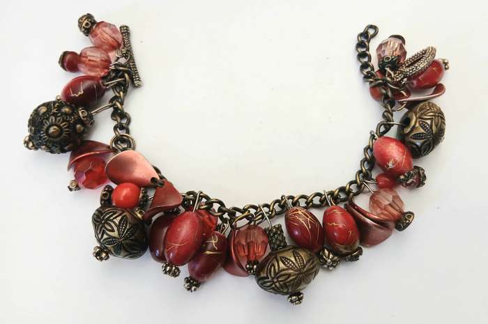 Vintage Red & Antiqued Brass Chunky Bracelet | Beaded Statement Charm Design