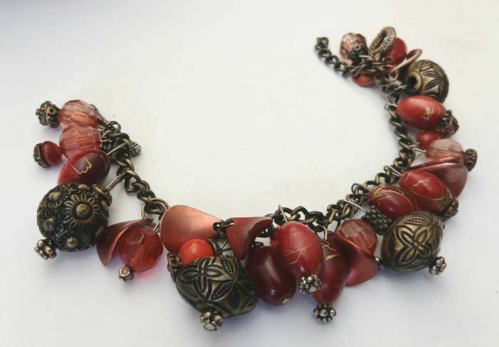 Vintage Red & Antiqued Brass Chunky Bracelet | Beaded Statement Charm Design