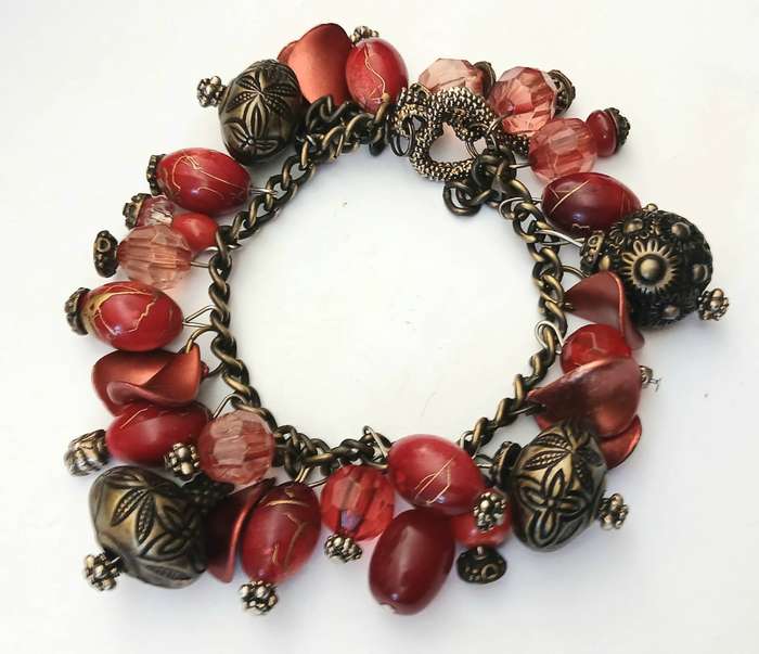 Vintage Red & Antiqued Brass Chunky Bracelet | Beaded Statement Charm Design