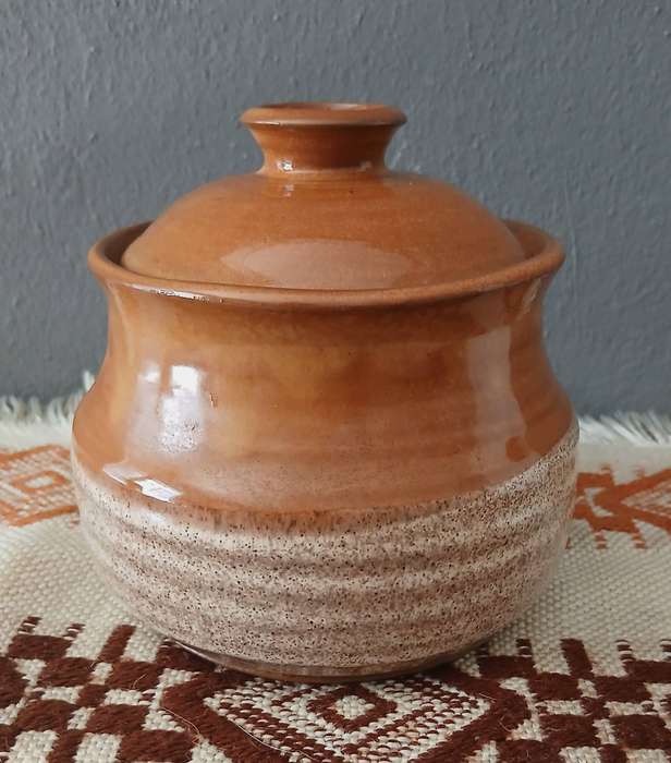Vintage Rustic Terracotta Lidded Jar | Brown & Cream Speckle Glaze