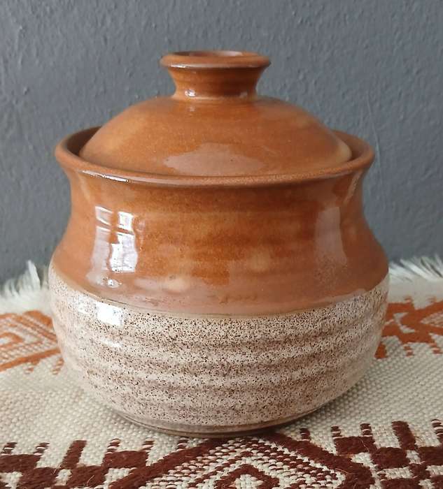 Vintage Rustic Terracotta Lidded Jar | Brown & Cream Speckle Glaze