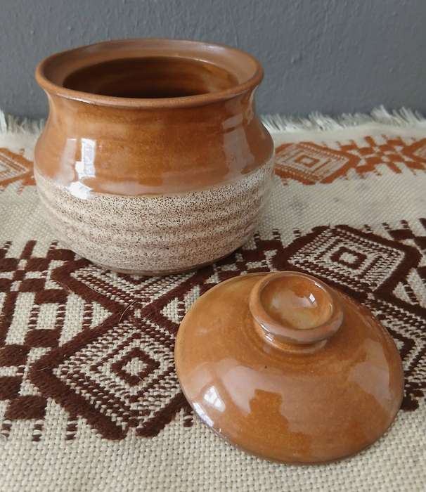 Vintage Rustic Terracotta Lidded Jar | Brown & Cream Speckle Glaze