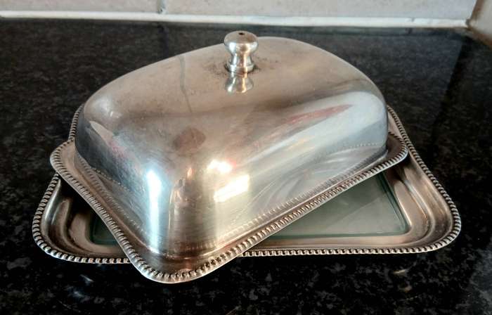 Vintage Silver-Plated Cheese Dish  Rectangular Dome with Original Frosted Glass Board