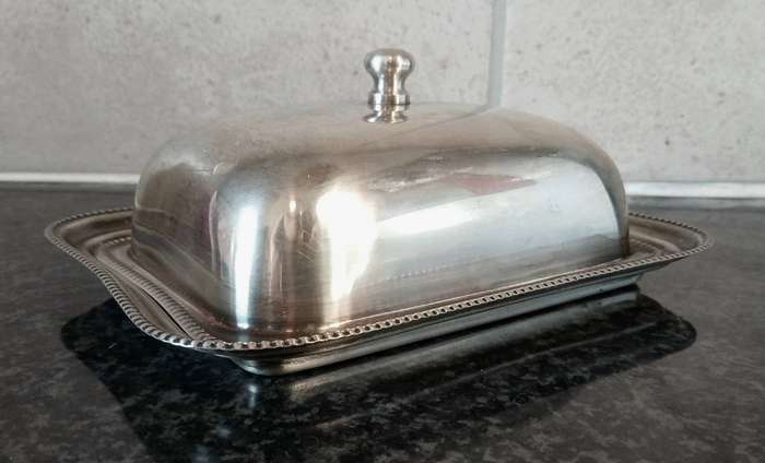 Vintage Silver-Plated Cheese Dish  Rectangular Dome with Original Frosted Glass Board