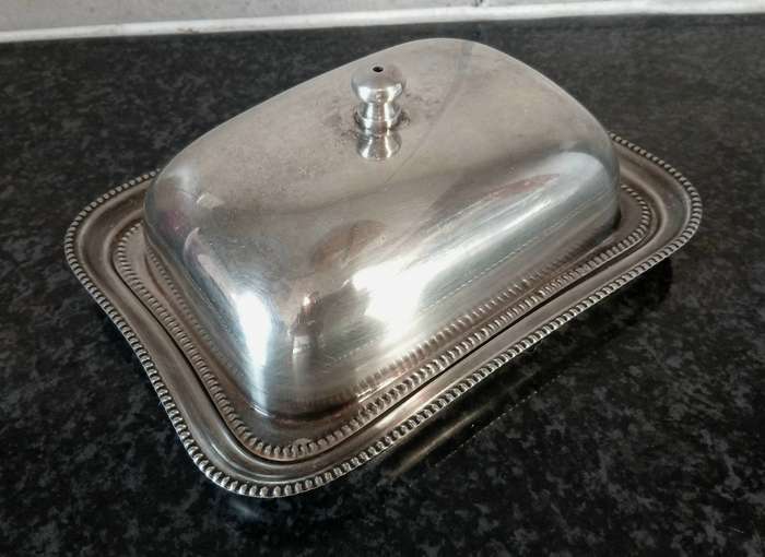 Vintage Silver-Plated Cheese Dish  Rectangular Dome with Original Frosted Glass Board