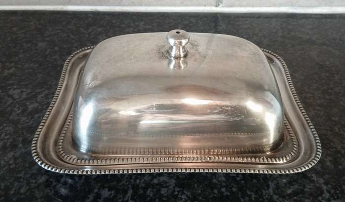 Vintage Silver-Plated Cheese Dish  Rectangular Dome with Original Frosted Glass Board