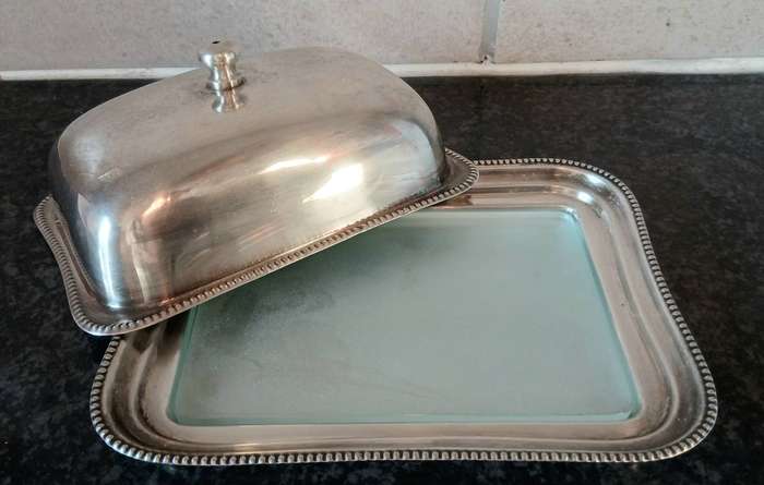 Vintage Silver-Plated Cheese Dish  Rectangular Dome with Original Frosted Glass Board