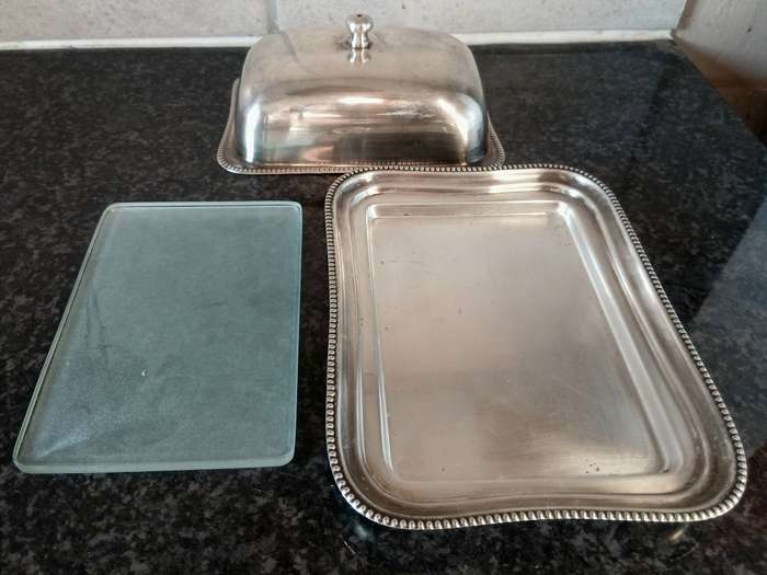 Vintage Silver-Plated Cheese Dish  Rectangular Dome with Original Frosted Glass Board