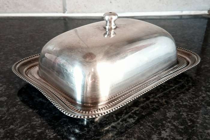 Vintage Silver-Plated Cheese Dish  Rectangular Dome with Original Frosted Glass Board