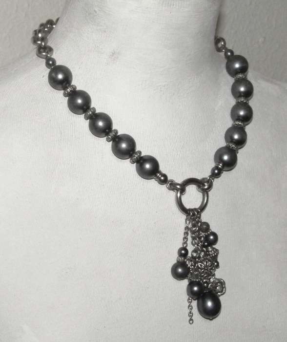 Vintage Silver-Tone Necklace | Lustrous Gray Beads & Cascading Pendant Charms