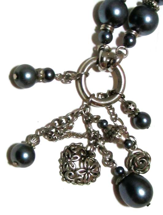 Vintage Silver-Tone Necklace | Lustrous Gray Beads & Cascading Pendant Charms