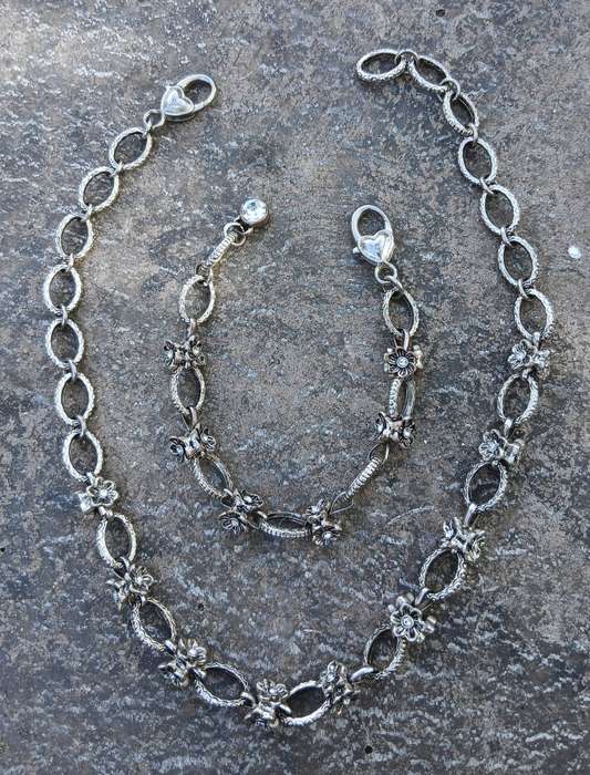 Vintage Silver-Tone Necklace & Bracelet Set | Floral Links with Crystal Accents