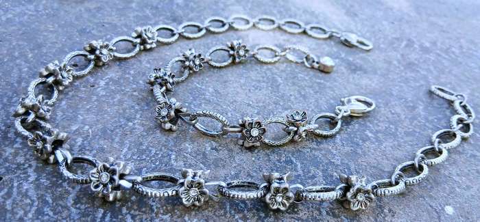Vintage Silver-Tone Necklace & Bracelet Set | Floral Links with Crystal Accents