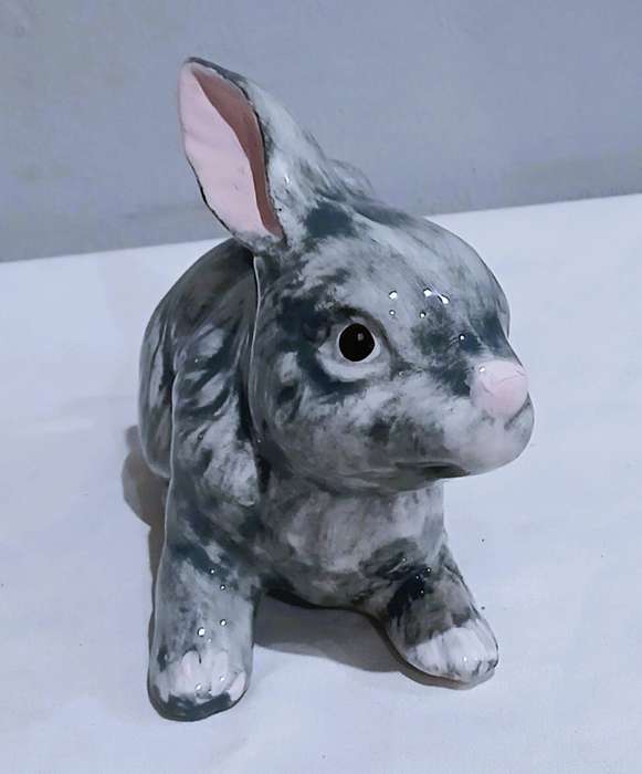 Vintage Studio Pottery Bunny Figurine | Hand-Painted Ceramic with Artist Initials