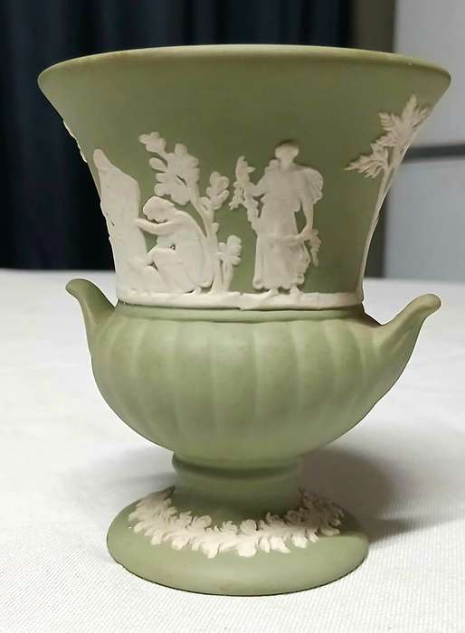 Vintage Wedgwood Jasperware Miniature Urn | Sage Green Neoclassical Vase Made in England (8.5cm)