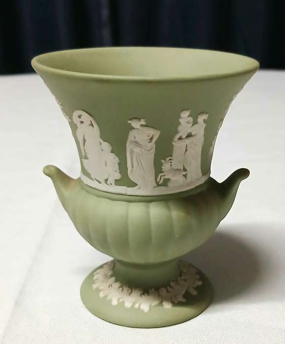 Vintage Wedgwood Jasperware Miniature Urn | Sage Green Neoclassical Vase Made in England (8.5cm)