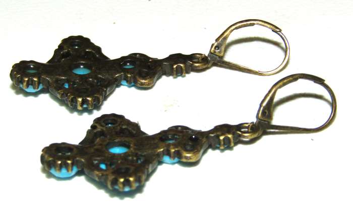 Vintage Antique Brass tone and Faceted Turquoise Drop Earrings