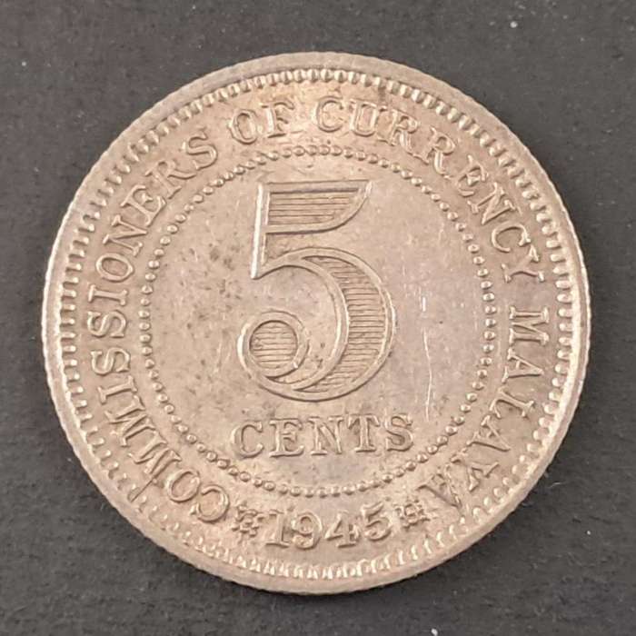 1945 MALAYA : 5 CENTS : SILVER : COMM. OF CURRENCY