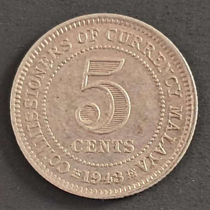 1943 MALAYA COMMISSIONERS OF CURRENCY 5 CENTS