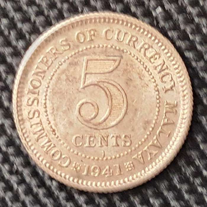 1943 MALAYA COMM. OF CURRENCY 5 CENTS (I)