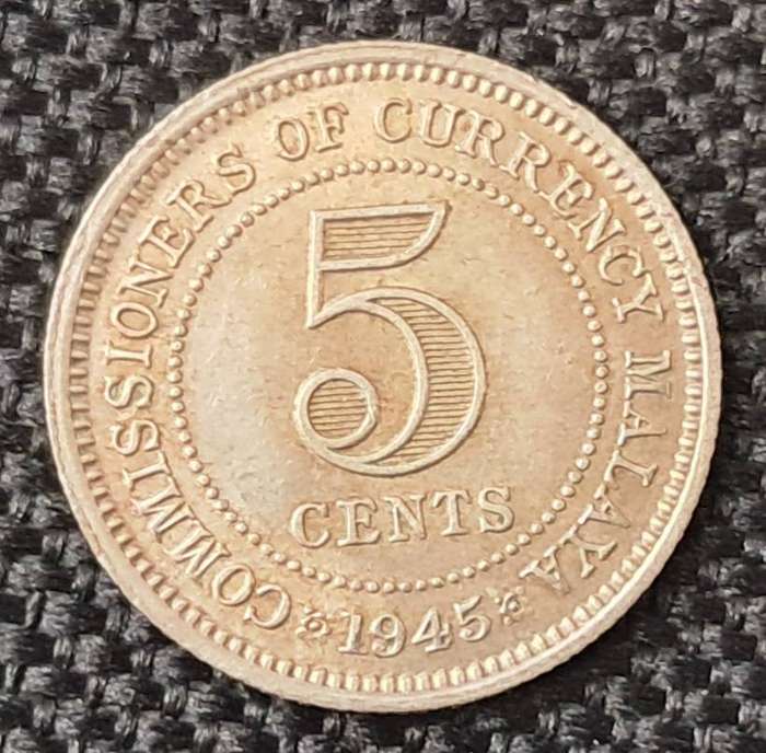 1945 MALAYA : COMM. OF CURRENCY 5 CENT : HIGH GRADE : SILVER