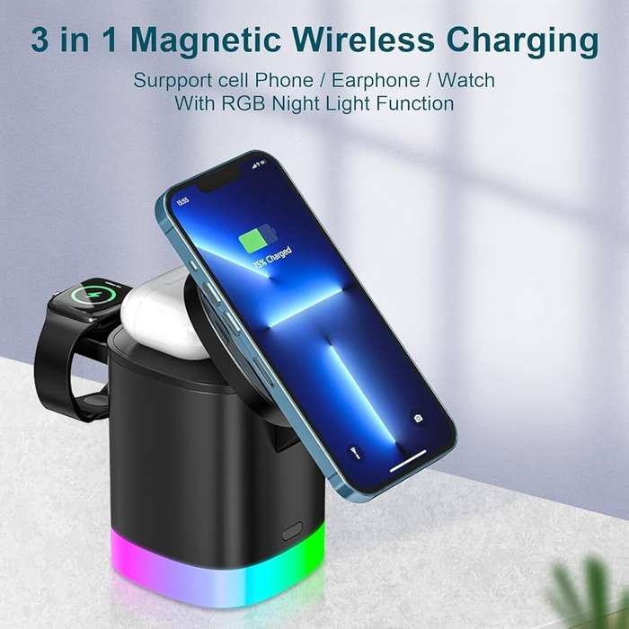 3 In 1 Magnetic wireless fast charger - Smart phone rbg ambient light charging station
