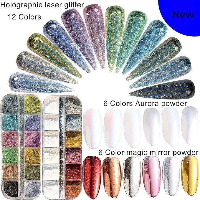 12 Grids Holo Chrome Powder -  Holographic laser Glitter