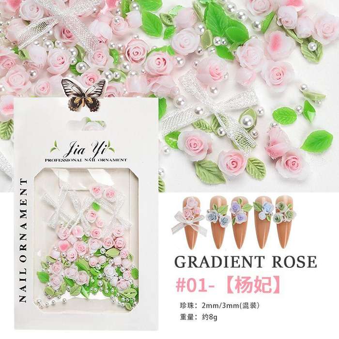 Nail art rose rose three-dimensional jewelry large and small mixed pearl resin smudge camellia  1