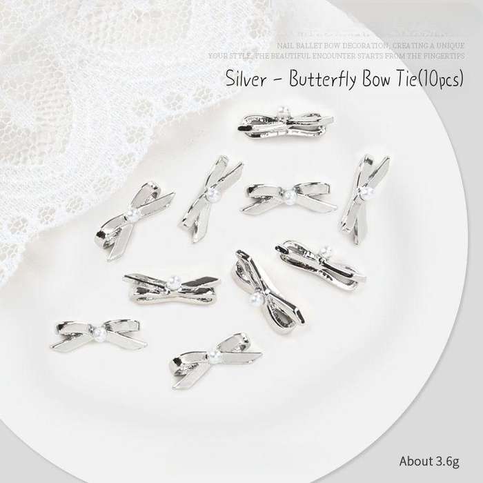 Ballet bow ribbon nail accessories girl three-dimensional collar (10 pcs)  Silver - Butterfly Bow