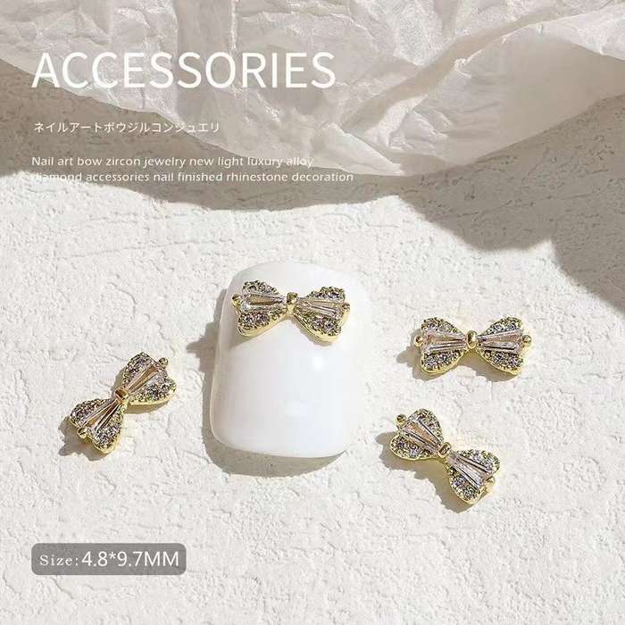 Nail Bow Tie 08# Rhinestone 2pcs -  Gold - 4.8x9.7mm