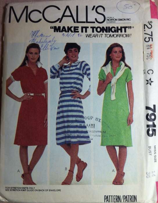 McCalls 7915 Dress for stretch knits. Size 14 / B36. Complete Uncut F/F