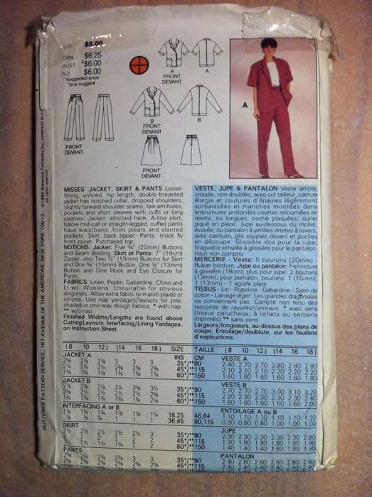 Butterick 3177 Jacket. Skirt and Pants. Size 8, 10, 12. Complete Uncut F/F