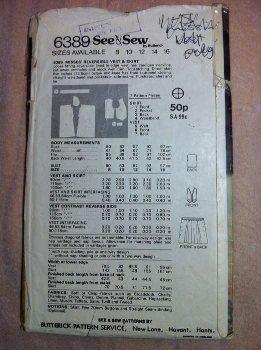 See & Sew 6389 Reversible Vest and Skirt. Size 10. Complete.