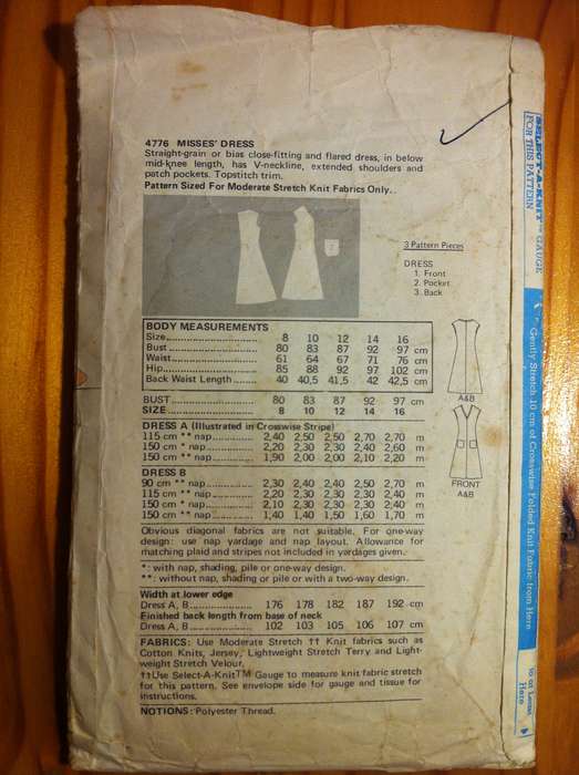 Butterick 4776 Stretch Knit Dress. Size 14. Complete