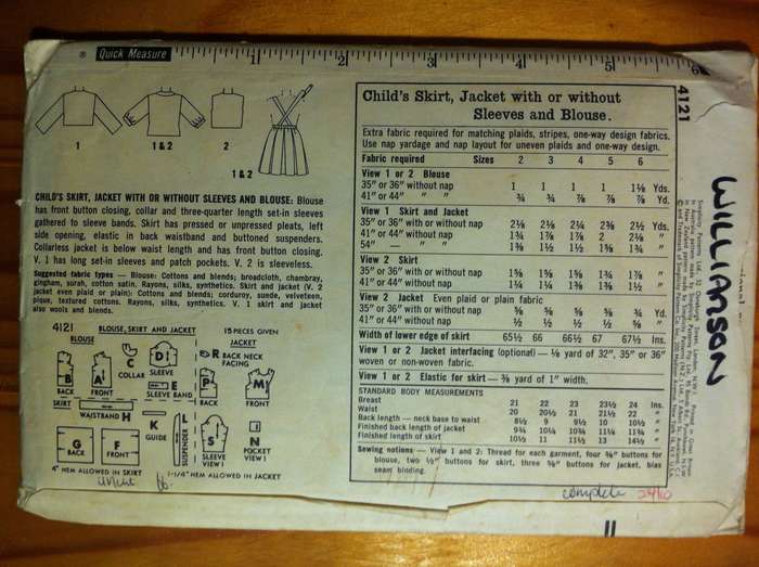 Simplicity 4121 Skirt, Jacket or Blouse. Child Size 2 / 52 cm. Complete