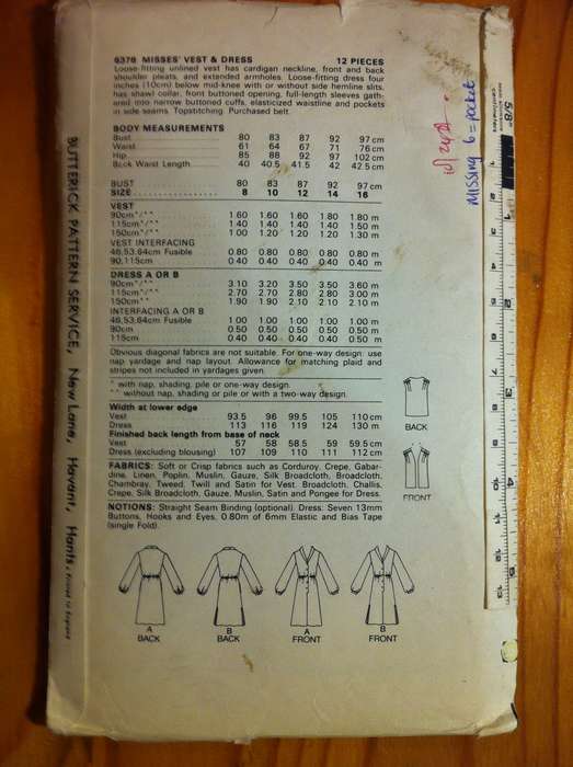 Butterick 6378 Vest and Dress. Size 12. Missing 6/Pocket