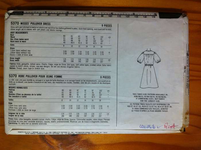 Simplicity 5370 Pullover Dress. Size 10, 12, 14. Cut on 14. Complete.