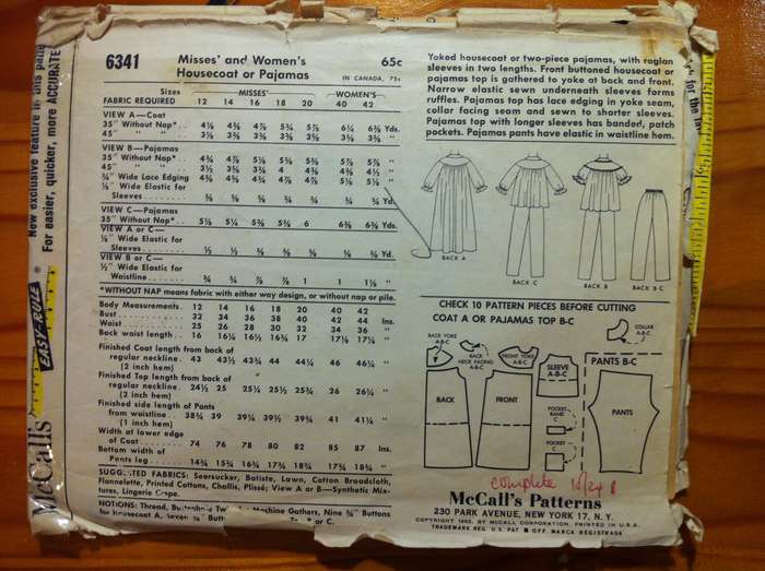 McCalls 6341 Housecoat or Pyjamas. Size 14. Complete