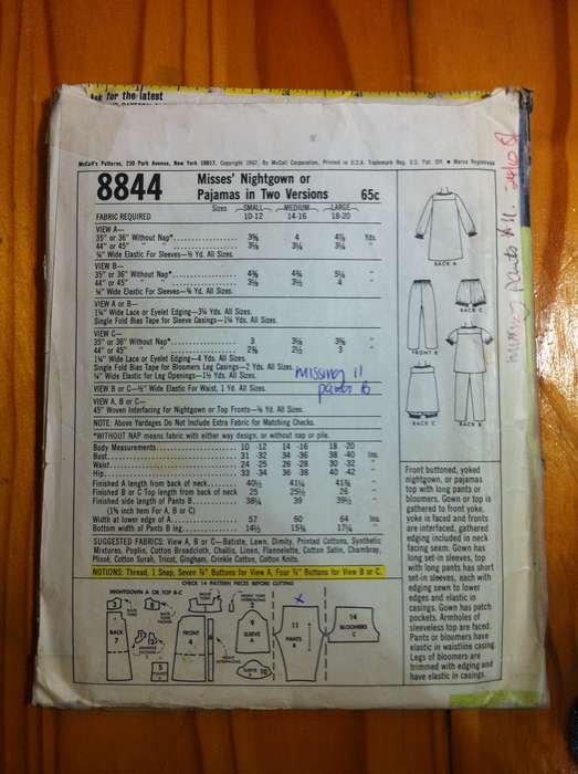 McCalls 8844 Nightgown or Pyjamas. Size SML. Missing 11/Pants.