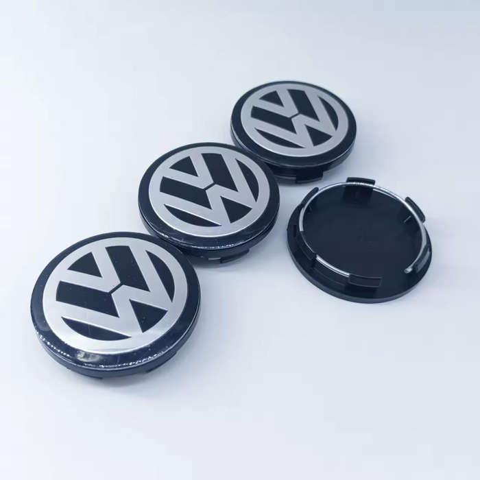 4x 50/45mm Chrome / Black Plastic Wheel Centre Cap for VW