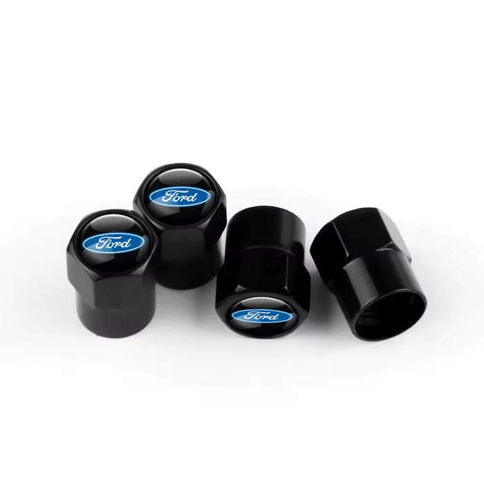 FORD Valve Caps - Black with blue "FORD" logo (Set of 4)