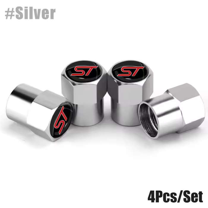 FORD ST Valve Caps - Silver with RED "ST" logo (Set of 4)